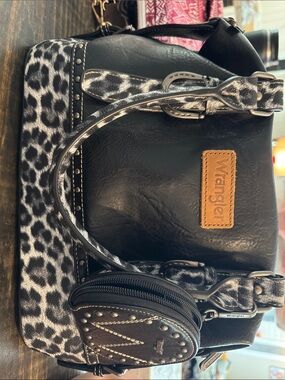 Wrangler Black Satchel with Gray Leopard Trim